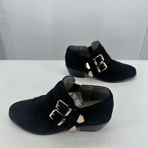 ORiental Traffic Nical Women's Black Suede Buckle Ankle Booties Size L Low Heel